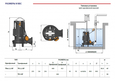 Погружной фекальный дренажный насос Pedrollo TRITUS TR 2.2 AP из чугуна с измельчителем из нержавеющей стали