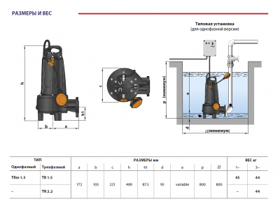 Погружной фекальный дренажный насос Pedrollo TRITUS TRm 1.5 из чугуна с измельчителем из нержавеющей стали